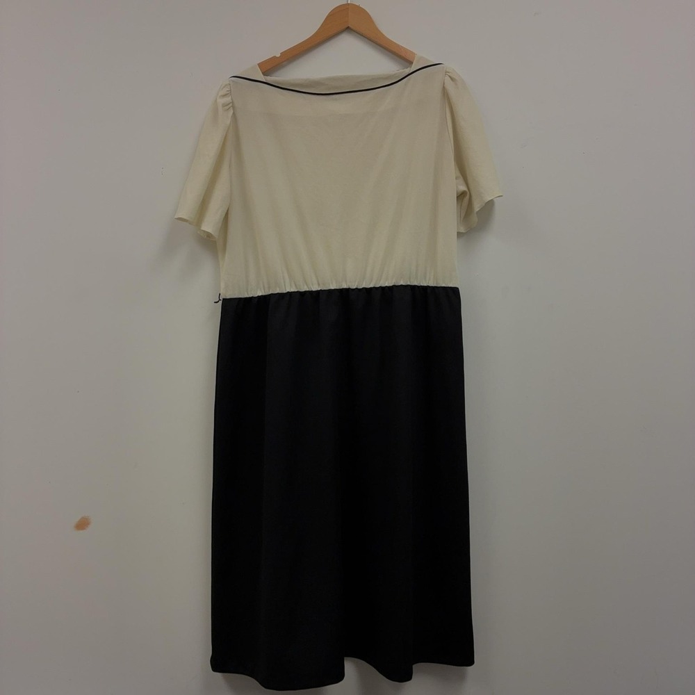 Vintage Sears Dress Womens 20 1/2 Plus Black White Colorblock Midi Short Sleeve